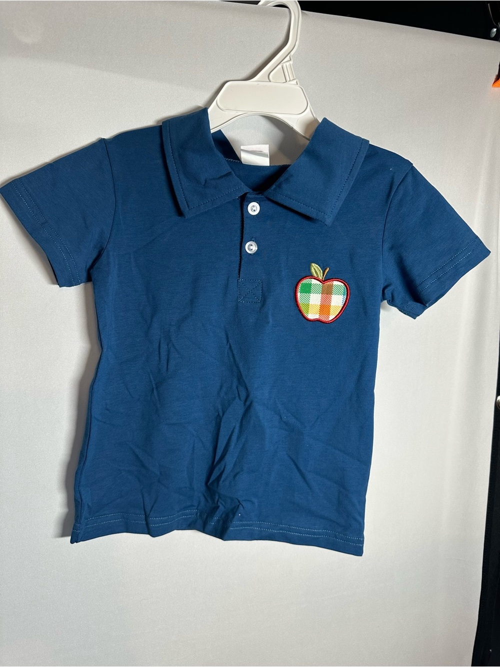 Boys Blue Polo Shirt with Plaid Apple Patch